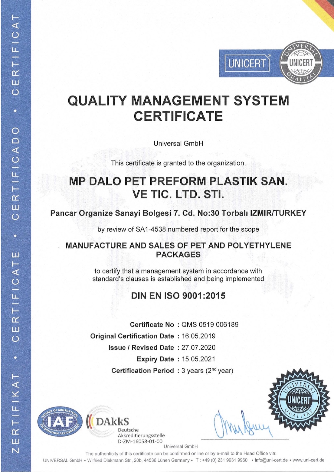MP DALO PLASTİK CERTIFICATES